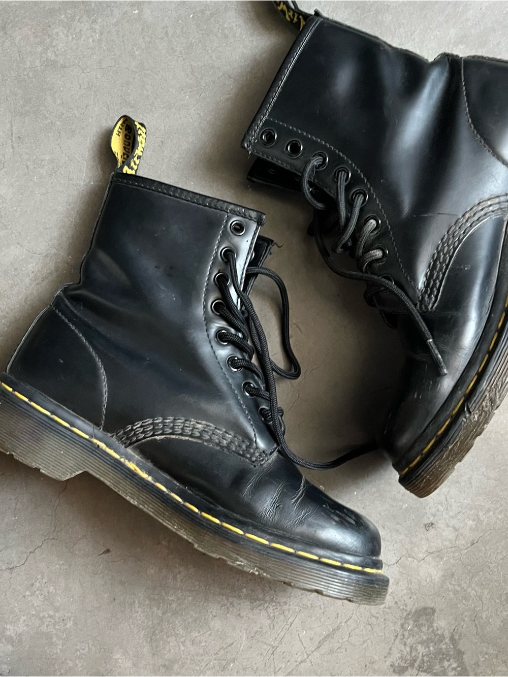 Dr. Martens Black Leather 8-Eye Boots with Yellow Stitching - size unknown